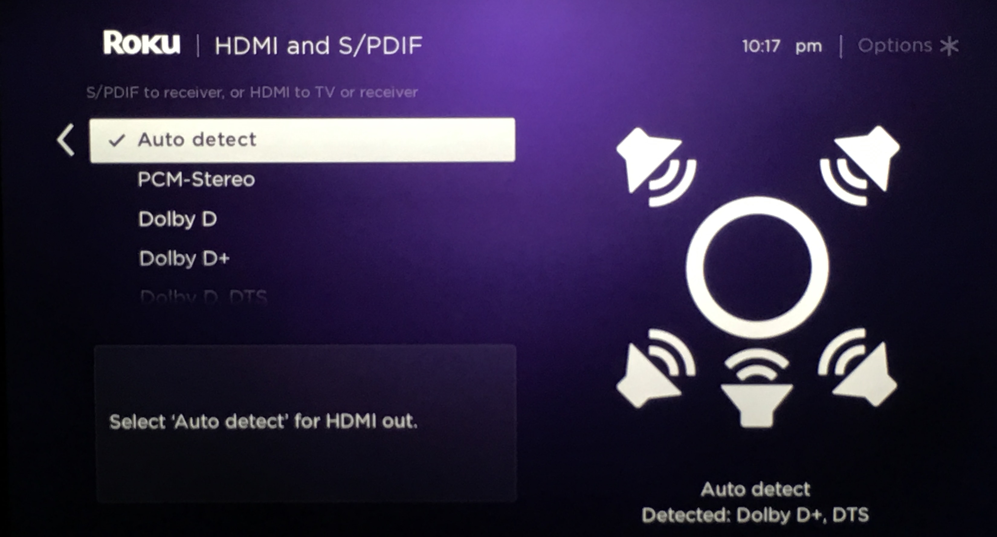 Roku: Audio | HDMI and S/PDIF setting - set to (Auto detect)